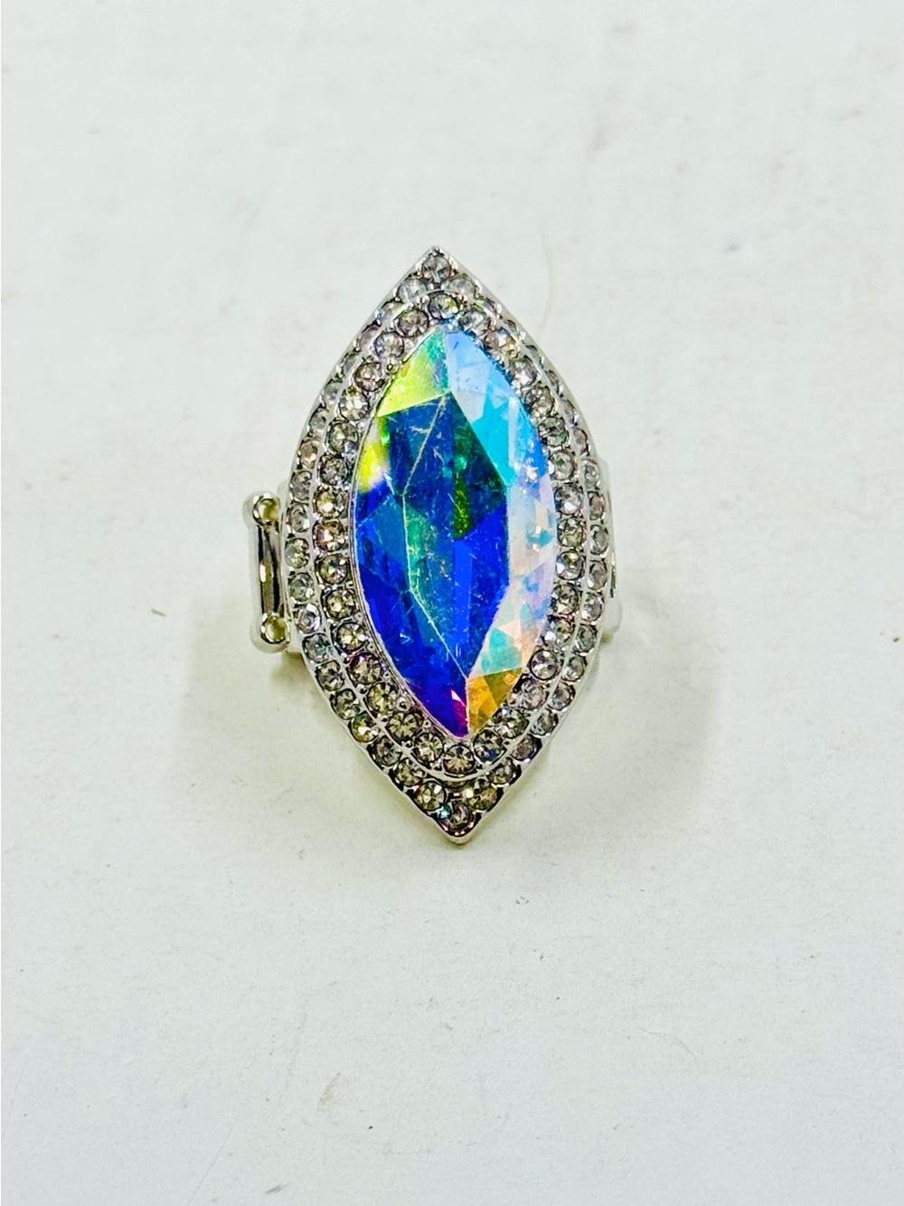 Large Marquise Cut Aurora AB Crystal W/Clear Crystal Halo Cocktail Ring Adj